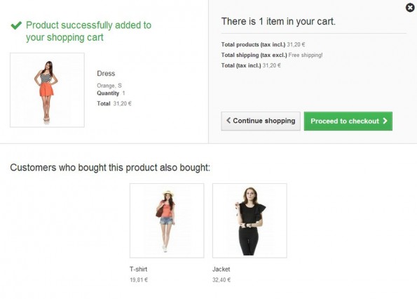 Landet ein produkt im Warenkrob, zeigt Prestashop jetzt ähnliche Produkte auf der Warenkorbseite an. (Screenshot: Prestashop)