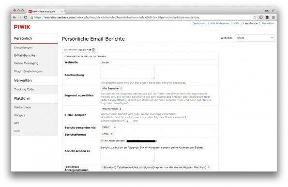 E-mail reports can be in Piwik & # xFC; over the Nutzermen & . #xFC; create (Screenshot: Piwik / t3n.de) 
