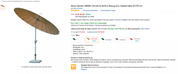 Hier wird der Sonnenschirm-Bezug verkauft - ohne Ständer! (Screenshot: amazon.de) 