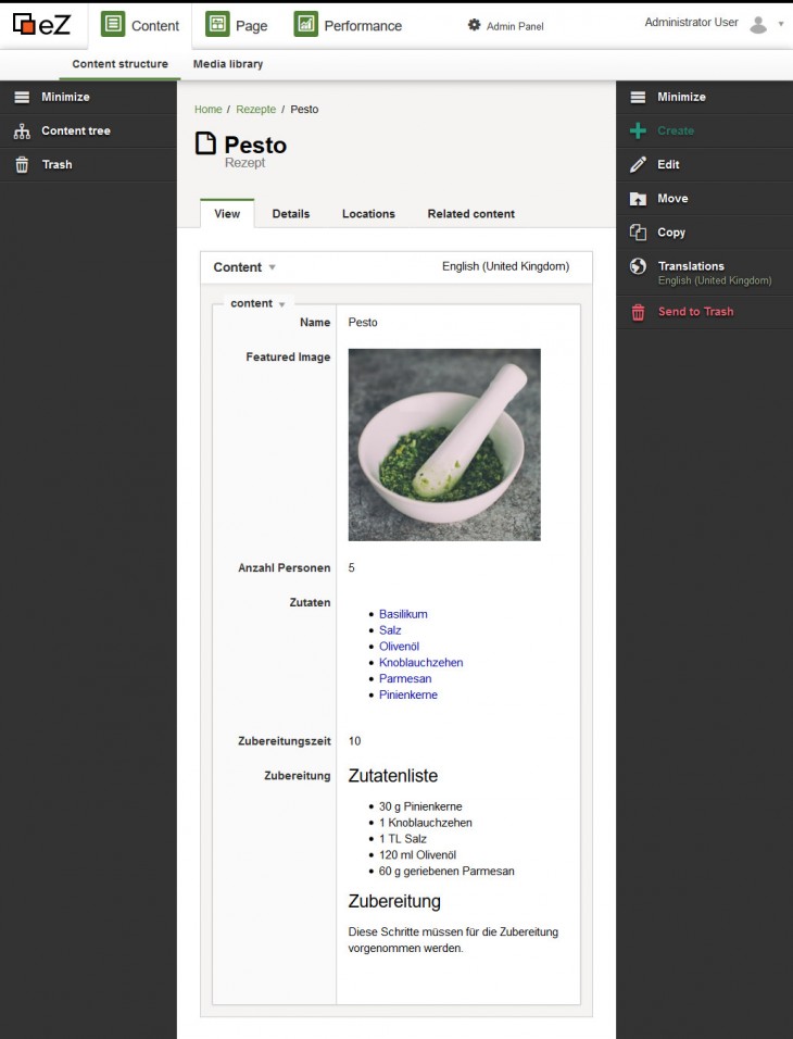 Das Pesto-Rezept im Backend. (Screenshot: eZ Enterprise CMS)