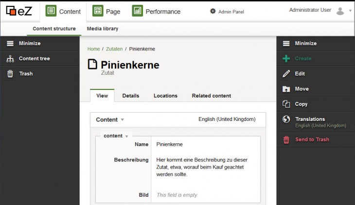 Die Ansicht der Zutat „Pinienkerne“ mit den Inhaltsfeldern, die für den Content-Type „Zutat“ angelegt wurden. (Screenshot: eZ Enterprise CMS)
