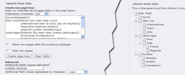 Mit dem „Page Tree Creation Wizard“ lassen sich ganze Seitenbäume importieren, auf Wunsch auch mit Zusatzangaben wie Untertitel oder Alias. Mit dem „Page Tree Creation Wizard“ lassen sich ganze Seitenbäume importieren, auf Wunsch auch mit Zusatzangaben wie Untertitel oder Alias.