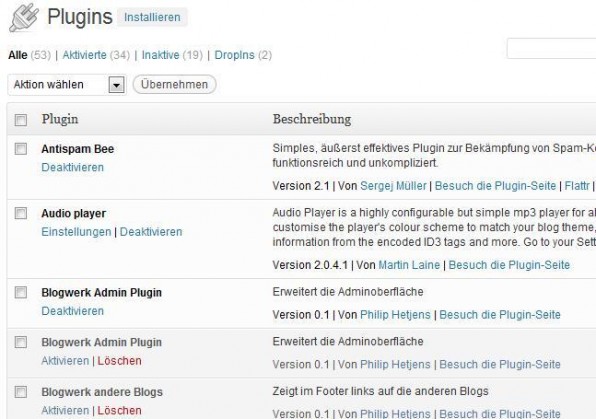 Nachdem die Datei erstellt und mit dem Plugin-Header versehen ist, taucht sie im Backend auf und kann aktiviert werden.