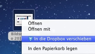 Mit einem Rechtsklick auf eine Datei kann diese nun ganz einfach in den eigenen Dropbox-Ordner verschoben werden. (Screenshot: Dropbox)
