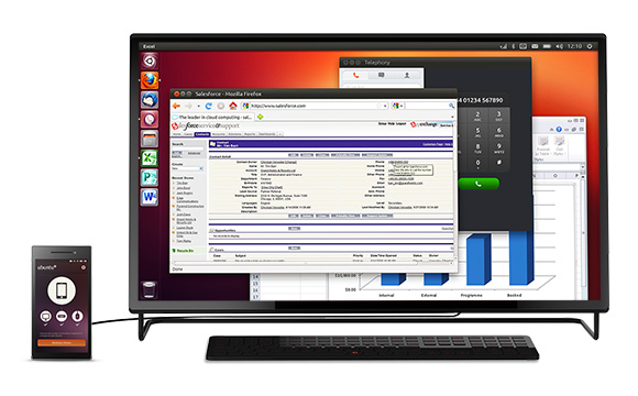 Das Ubuntu Edge soll bei vorhandenem HDMI-Display als vollwertiger Ubuntu-Desktop-Ersatz fungieren. Screenshot: Indiegogo Ubuntu-Edge-Kampagne