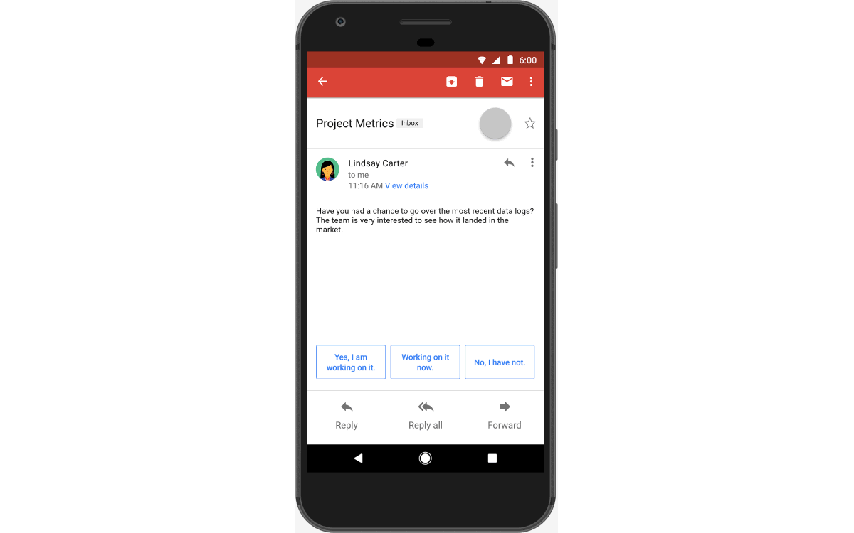 Die Smart-Reply-Funktion gibt es schon in der Gmail-App. (Bild: Google)