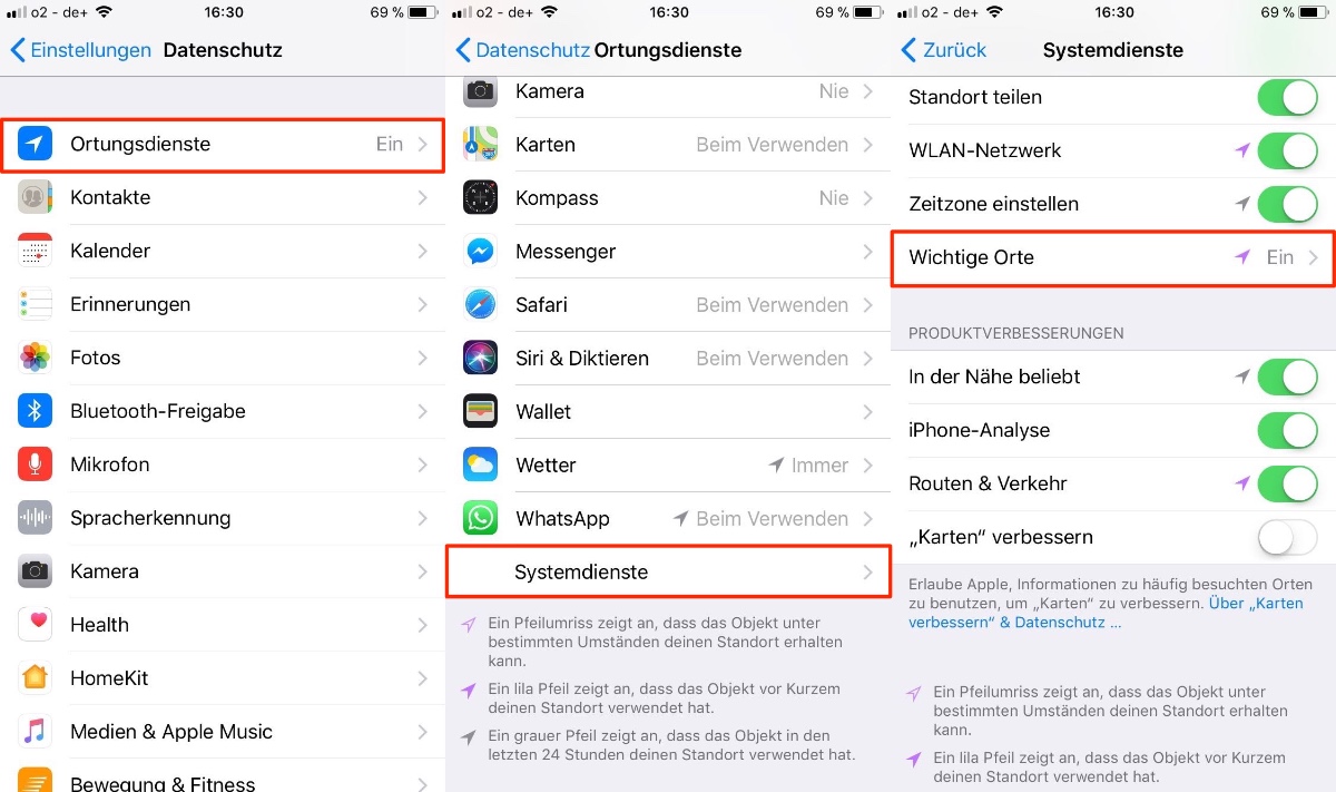 Der Standortverlauf von iOS findet sich in den Einstellungen unter Datenschutz -> Ortungsienste -> Systemdienste -> Wichtige Orte. (Screenshot: iOS)