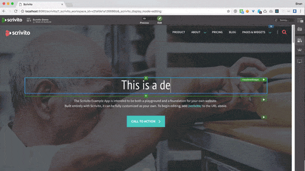 Mit Scrivito können Elemente direkt im Frontend bearbeitet werden. (GIF: Scrivito)