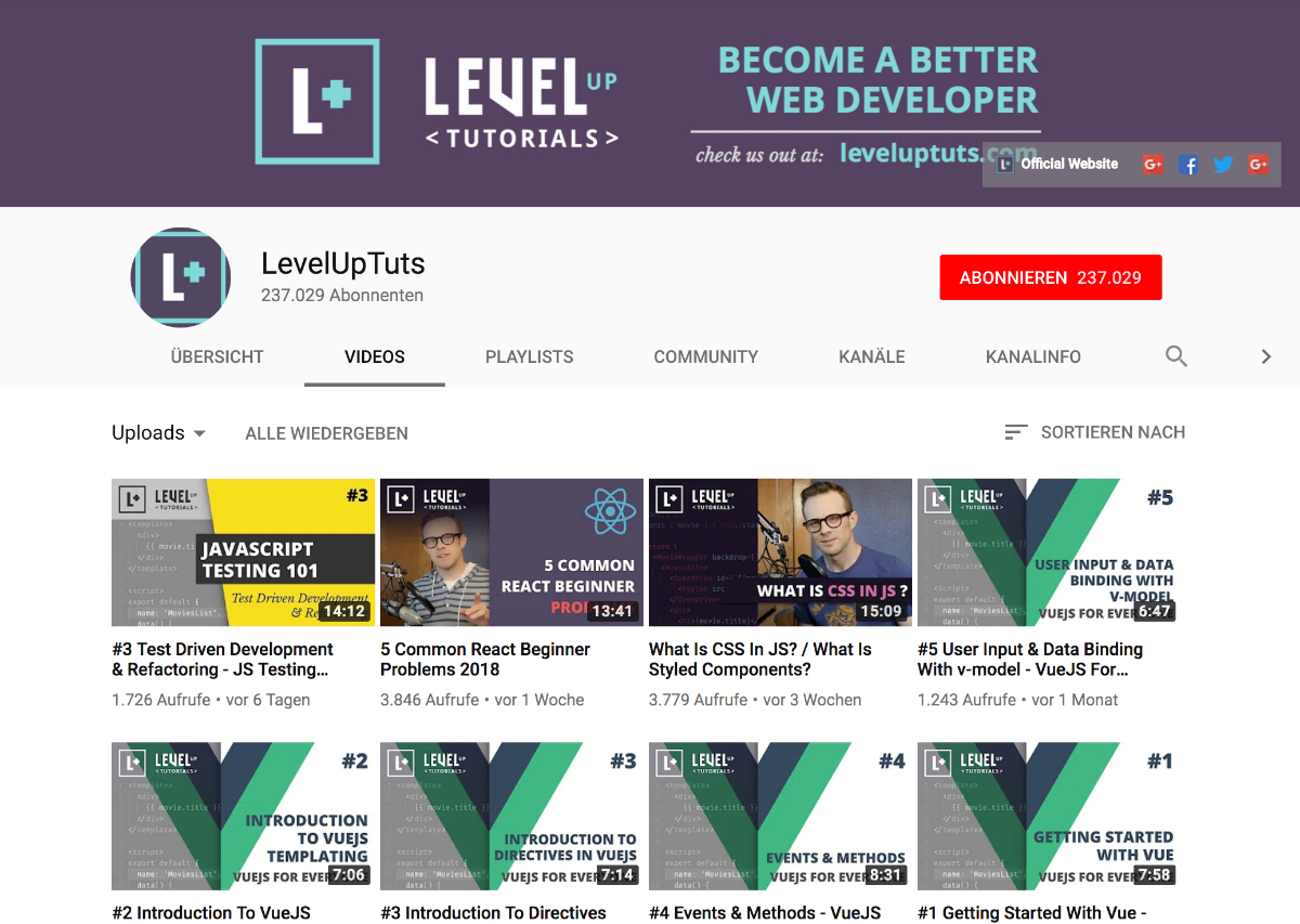 Der Kanal LevelUpTuts bietet auch Videos zu Content-Management-Systemen wie Wordpress oder Drupal. (Screenshot: t3n.de)