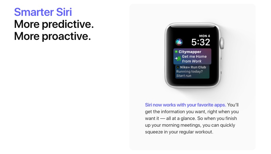 Siri erhält mit watchos 5 auch auf der Apple Watch neue Funktionen. (Screenshot: Apple)