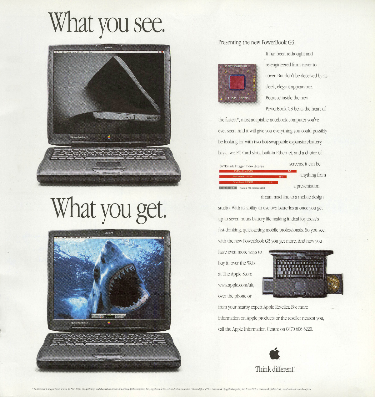 Eine Anzeige für einen frühen Apple Laptop.