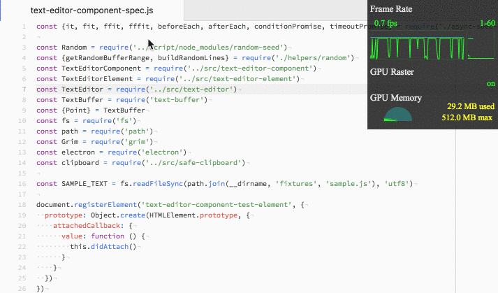 Die Framerate von Tree-Sitter bricht in Atom 1.29 beim Parsen nun nicht mehr so stark ein. (Bild: Github)