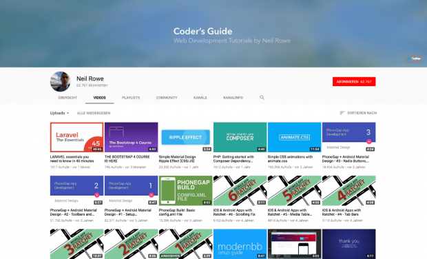 Der Youtube-Kanal Coder's Guide von Neil Rowe. (Screenshot: t3n.de)
