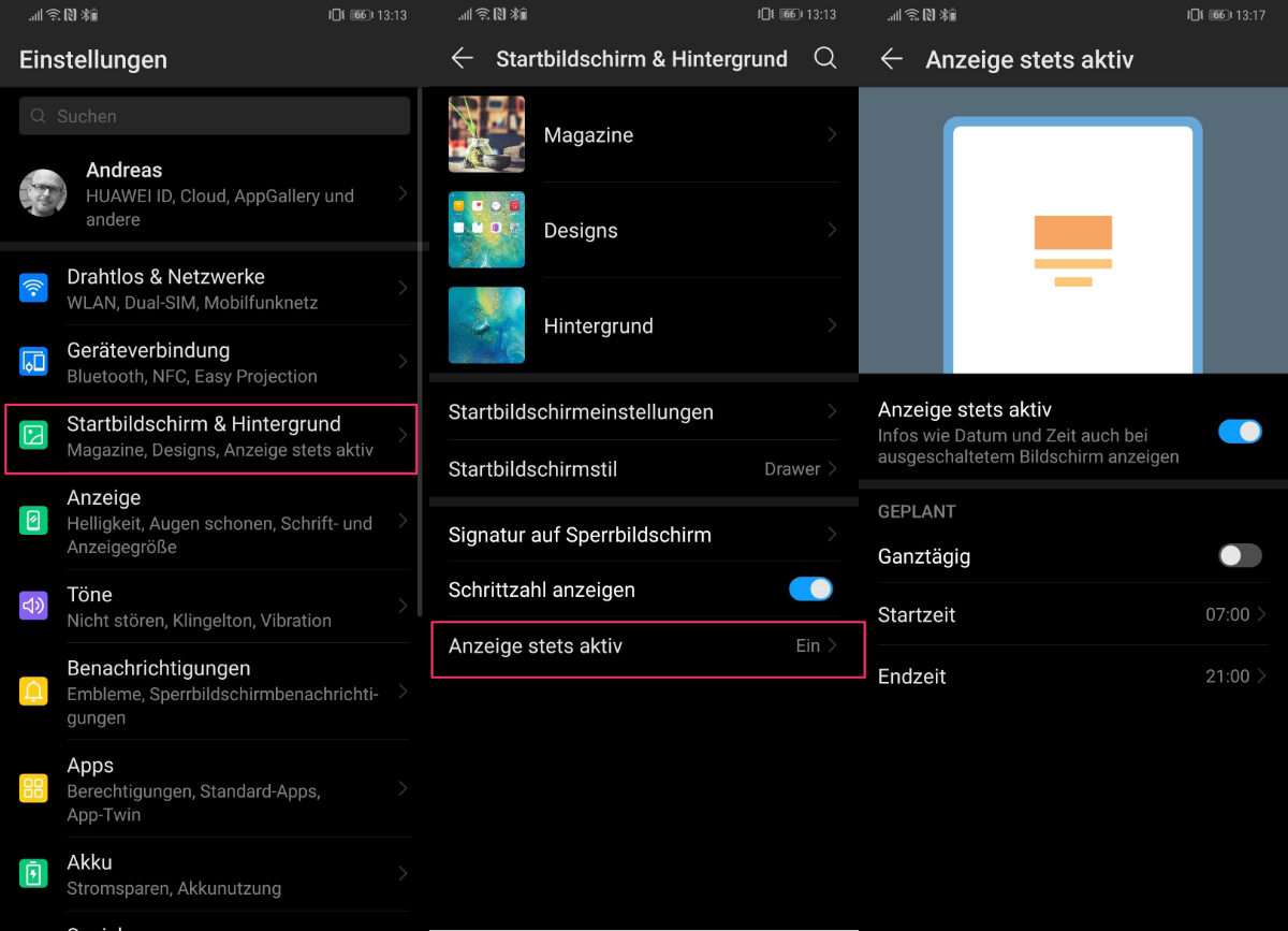 Die Always-on-Display-Funktion nennt Huawei unter EMUI 9 „Anzeige stets aktiv“. (Screenshots: t3n.de)
