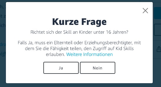 Vor dem Teilen eines Skills werdet ihr gefragt, ob er sich an Kinder unter 16 Jahren richtet. (Screenshot: t3n.de)