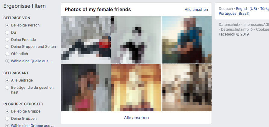 Fotos von Facebook-Freundinnen lassen sich gezielt mit einem Suchbegriff auffinden. Bei Männern geht das offenbar nicht. (Screenshot: Facebook/t3n Unkenntlichmachung: t3n)
