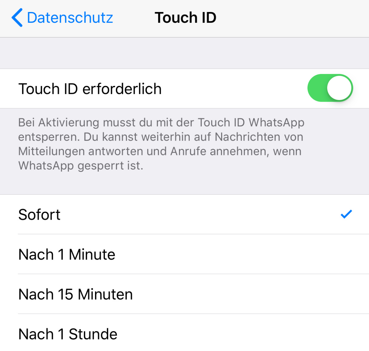 Whatsapp: Wer mag, kann die Messaging-App mit Touch- beziehungsweise Face-ID vor den Blicken anderer schützen. (Screenshot: Whatsapp/t3n)