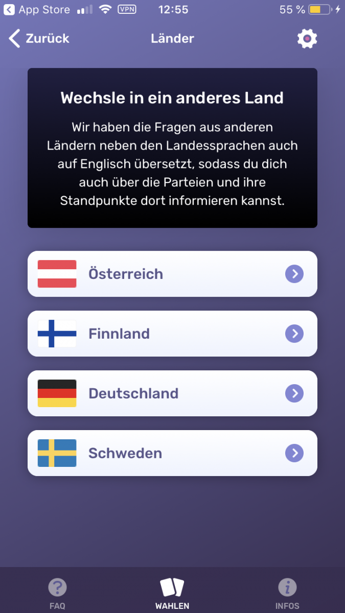 Die App Wahlswiper funktioniert nicht nur für Deutschland, sondern auch für Österreich, Finnland und Schweden – in Englisch oder der jeweiligen Landessprache. (Foto: t3n)