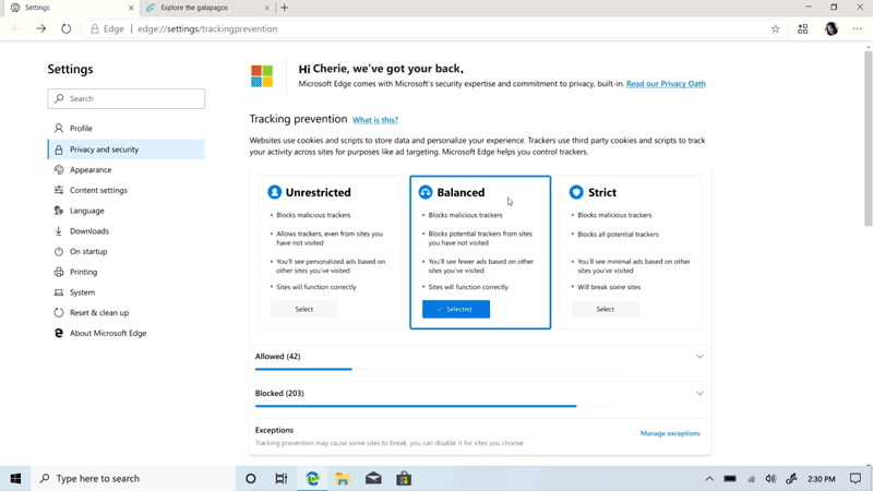 Microsoft Edge mit neuen Privatsphäre-Optionen. (Bild: Microsoft)