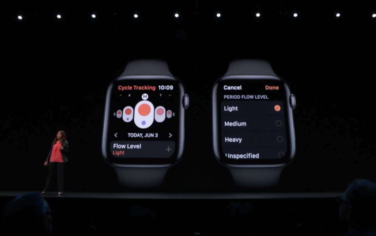 Apple-Managerin Sumbul Desai stellt die Zyklus-Trackerfunktion für watchOS und iOS vor. (Screenshot: t3n)