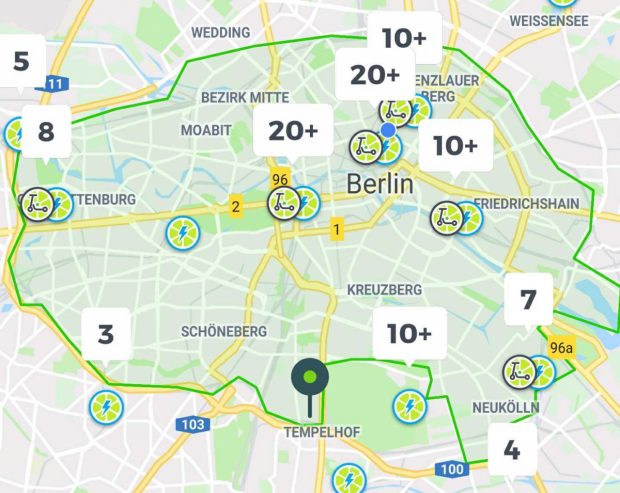 Lime E-Scooter in Berlin  – das Geschäftsgebiet umfasst den kompletten S-Bahn-Ring. (Screenshot: t3n)
