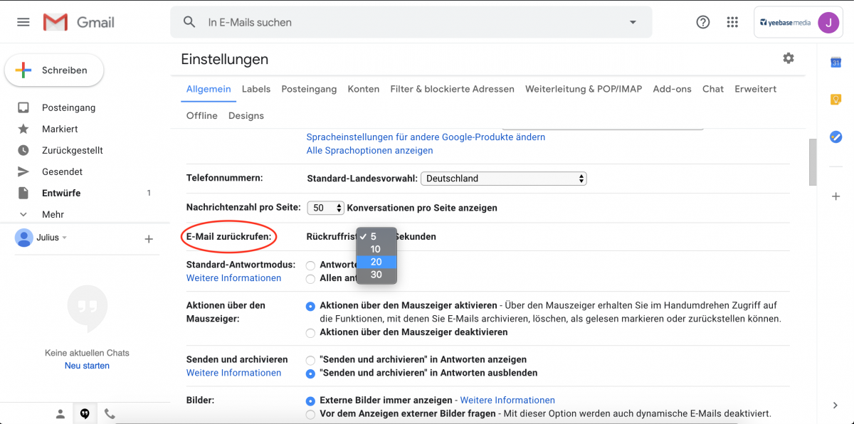 Gmail-Einstellungen - E-Mails zurückrufen.