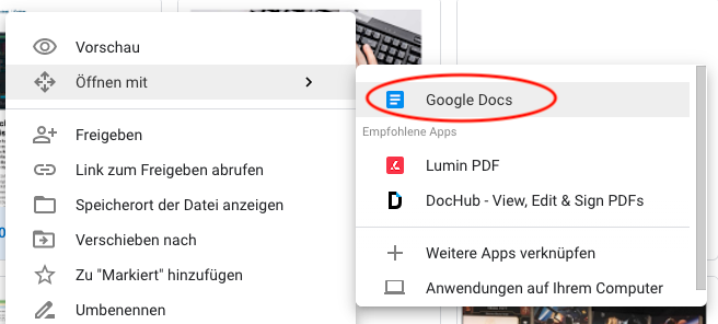 PDFs in Google Drive direkt in Google Docs öffnen und bearbeite.