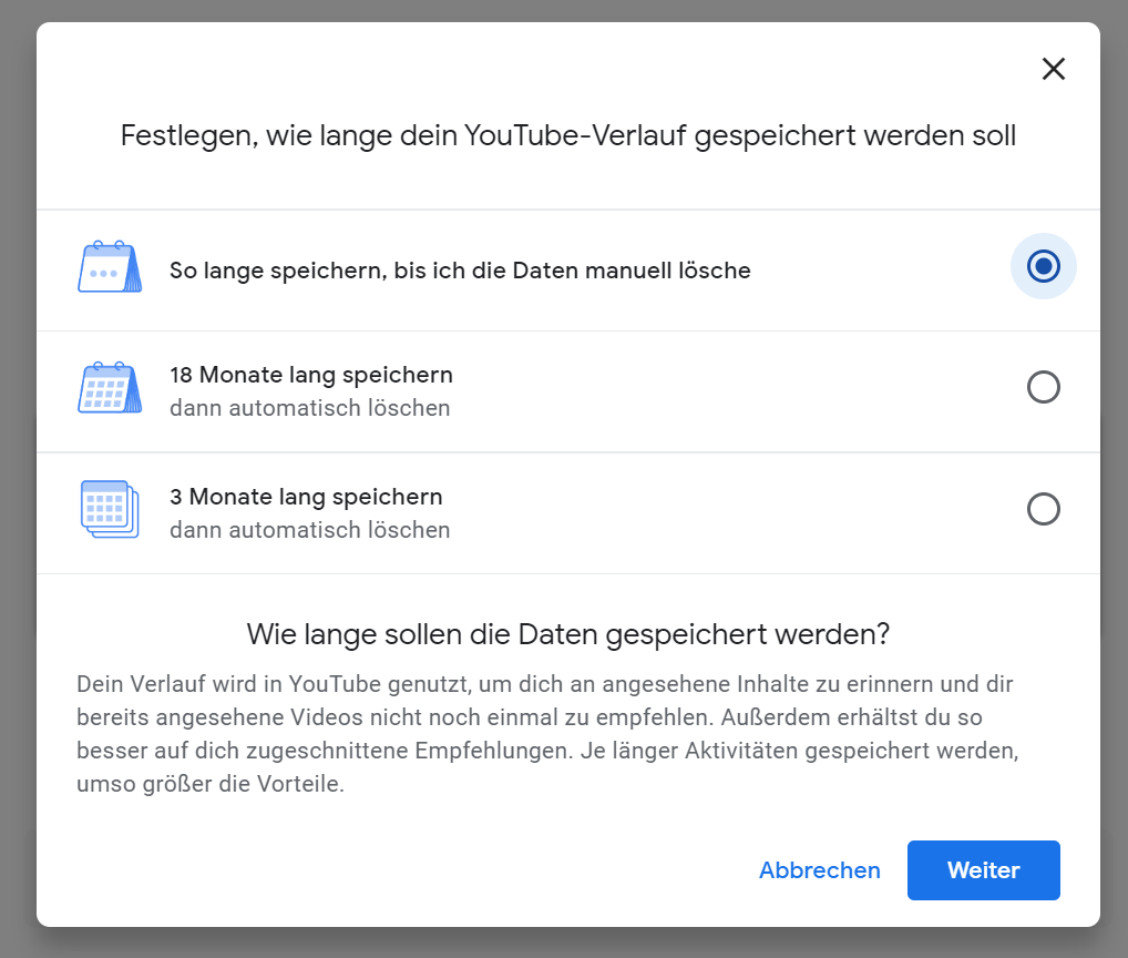Youtube kann jetzt automatisiert den Verlauf löschen. (Screenshot: t3n.de)